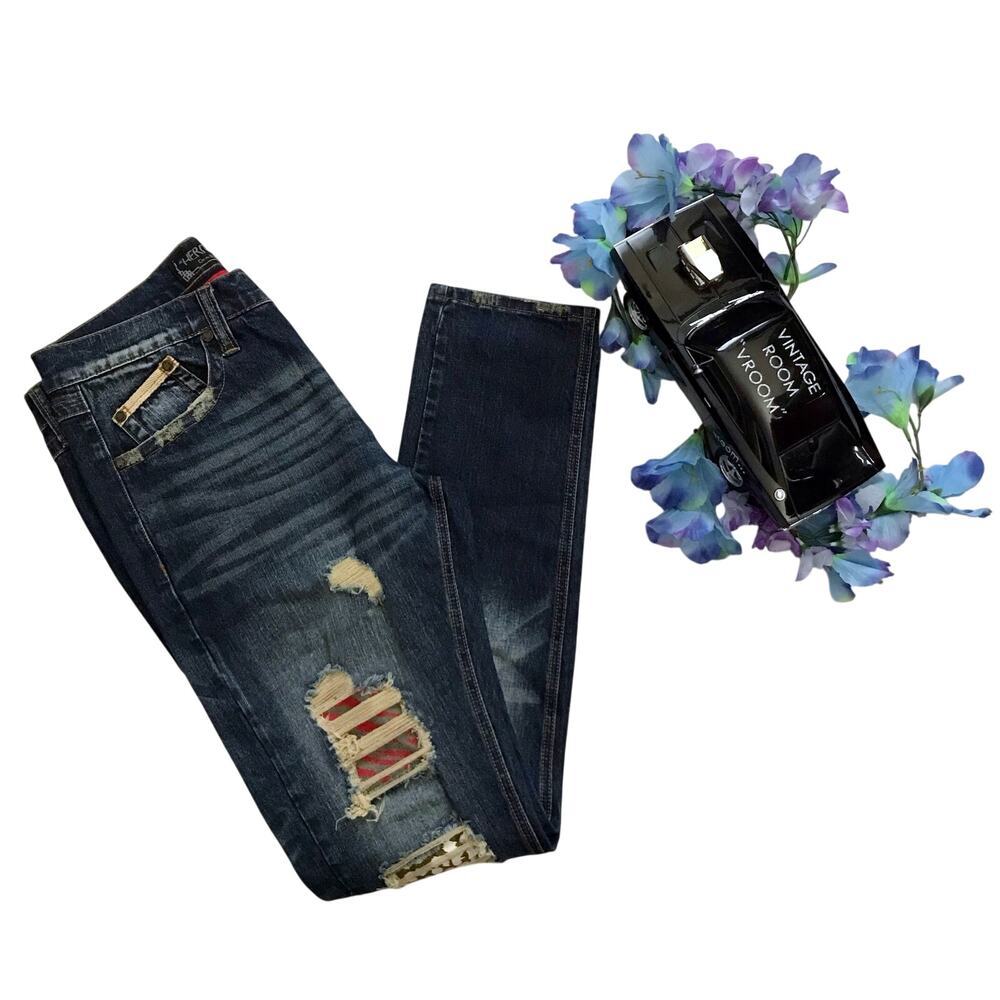 Heritage America NWOT Rip and Repair Dark Wash Skinny Jeans Men 34